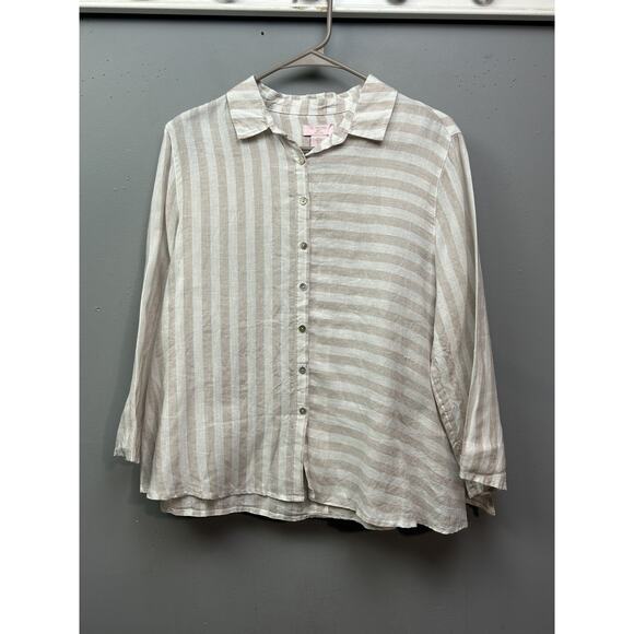 St. Tropez West Shirt Womens Small Beige White Stripe Linen Button Up Blouse - Picture 1 of 8